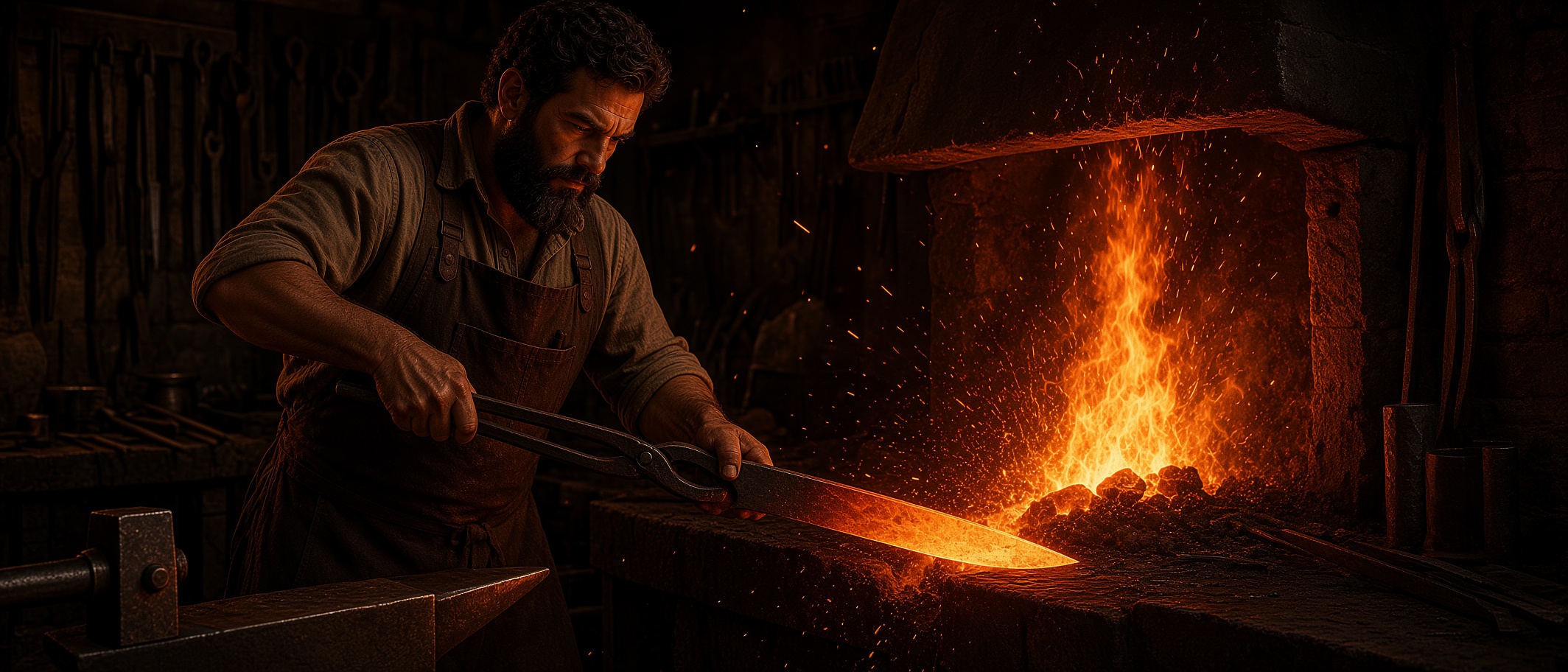 The blacksmith drawing a glowing blade from the roaring forge, sparks flying