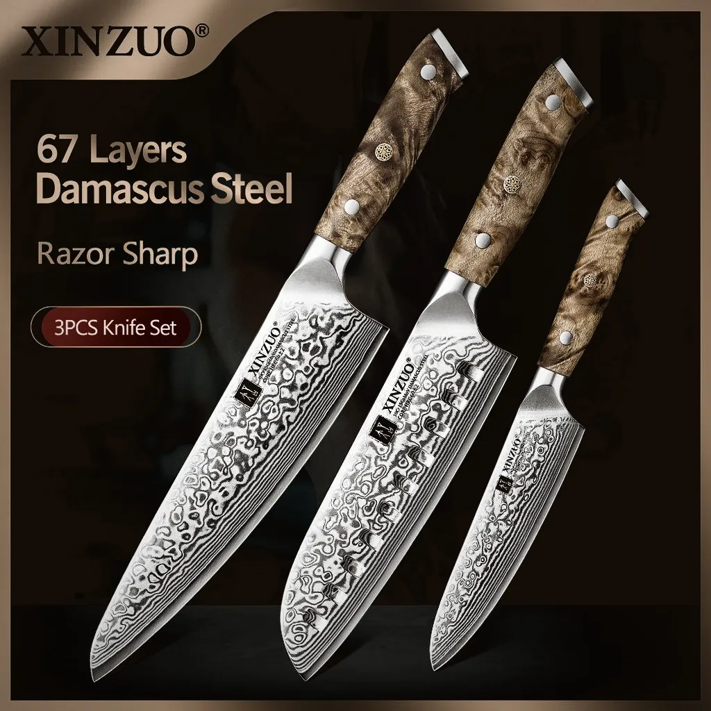 Xinzuo 3-piece Kitchen Knife Set — Damascus, Damascus steel