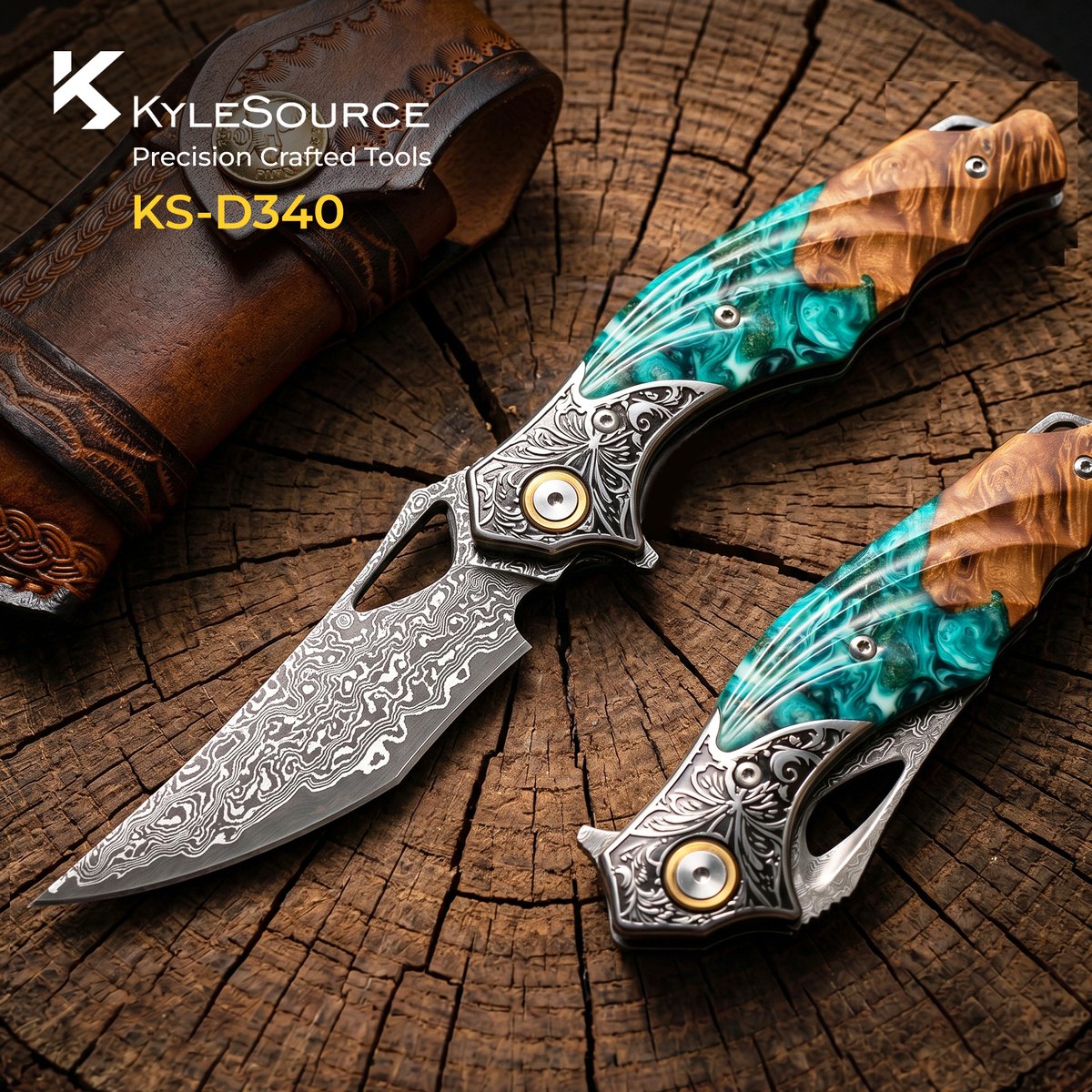 Damascus Steel Artisan Folding Knife, VG10 Steel Core, Stabilized Wood and Resin Handle, Leather Sheath for EDC Carry — Damascus, Damascus steel