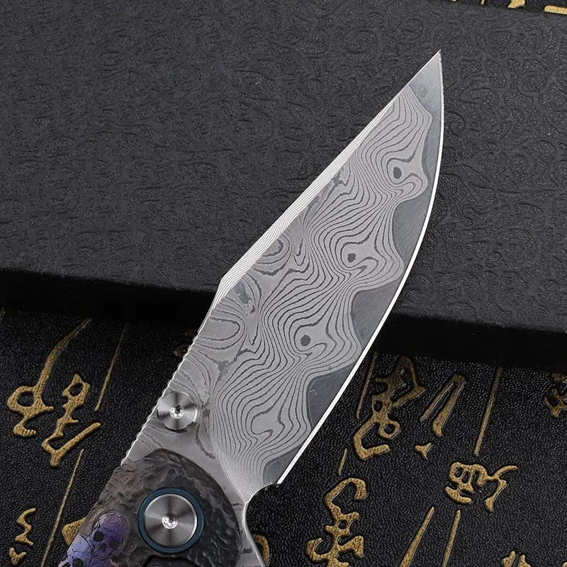 VG-10 Carved Folding Knife — Damascus, Damascus steel