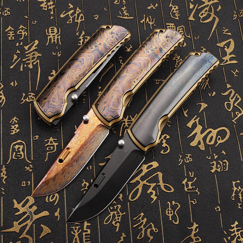 Portable EDC Cutting Tool DLC Coated Lightning Pattern VG10 Steel Plate Titanium Alloy Handle for Outdoor Camping — Titanium EDC, Titanium handle — capture 2
