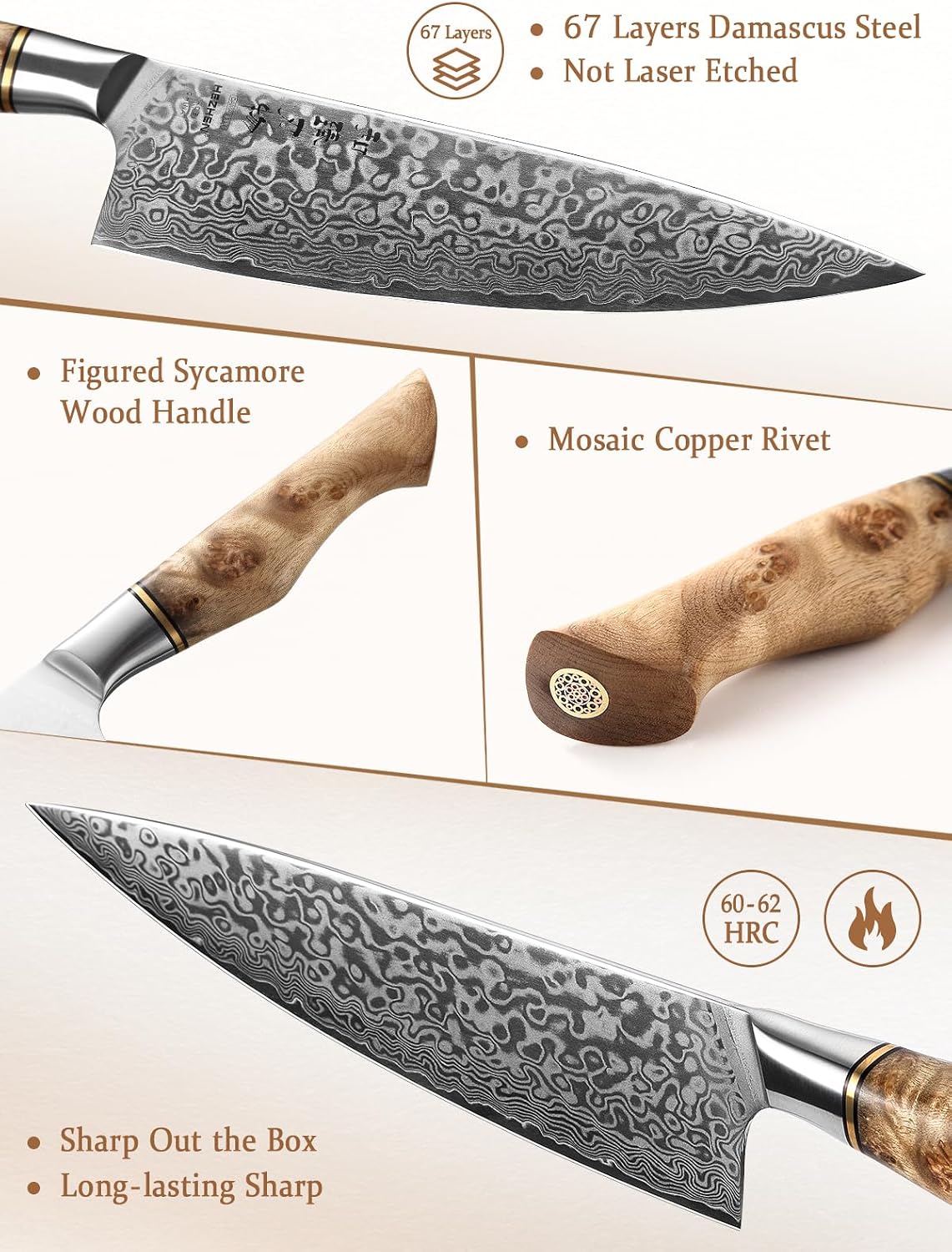 HEZHEN Chef's Knife-Professional-8.3 inch Damascus Steel, Kitchen Knife VG10 Gyuto Knife-Master Series Chef Cooking Tool at Home,Restaurant-Figured Sycamore Wood Handle — Damascus, Damascus steel — capture 2