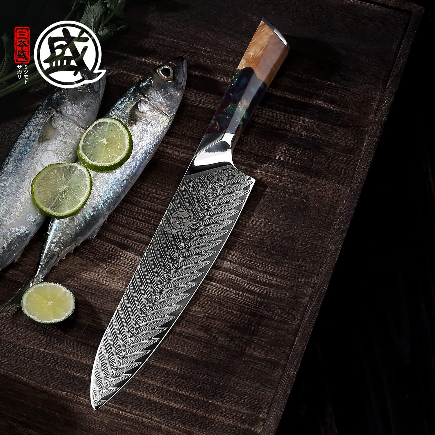 MITSUMOTO SAKARI 8.5" VG-10 Damascus Santoku Japanese Chef Knife, Wood Box — Damascus, Damascus steel — capture 2