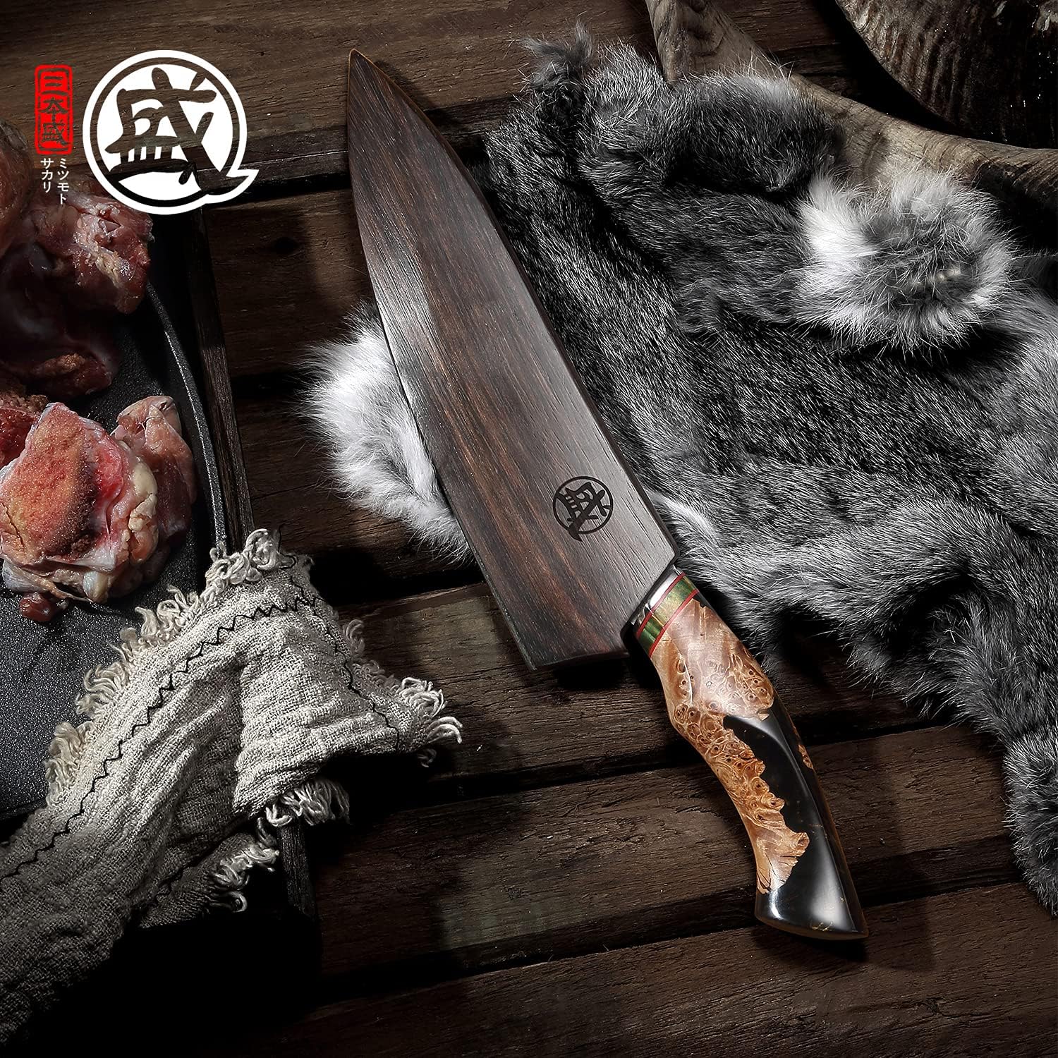 MITSUMOTO SAKARI 8" Damascus Chef Knife, Kitchen Knife, Wooden Box & Sheath — Damascus, Damascus steel — capture 2