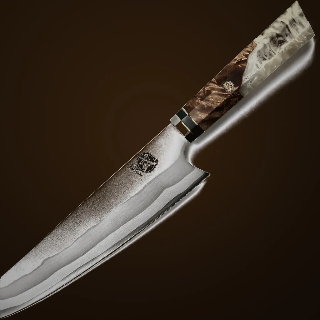 Mitsumoto Sakari 440C White-handle Chef Knife — Damascus, Damascus steel
