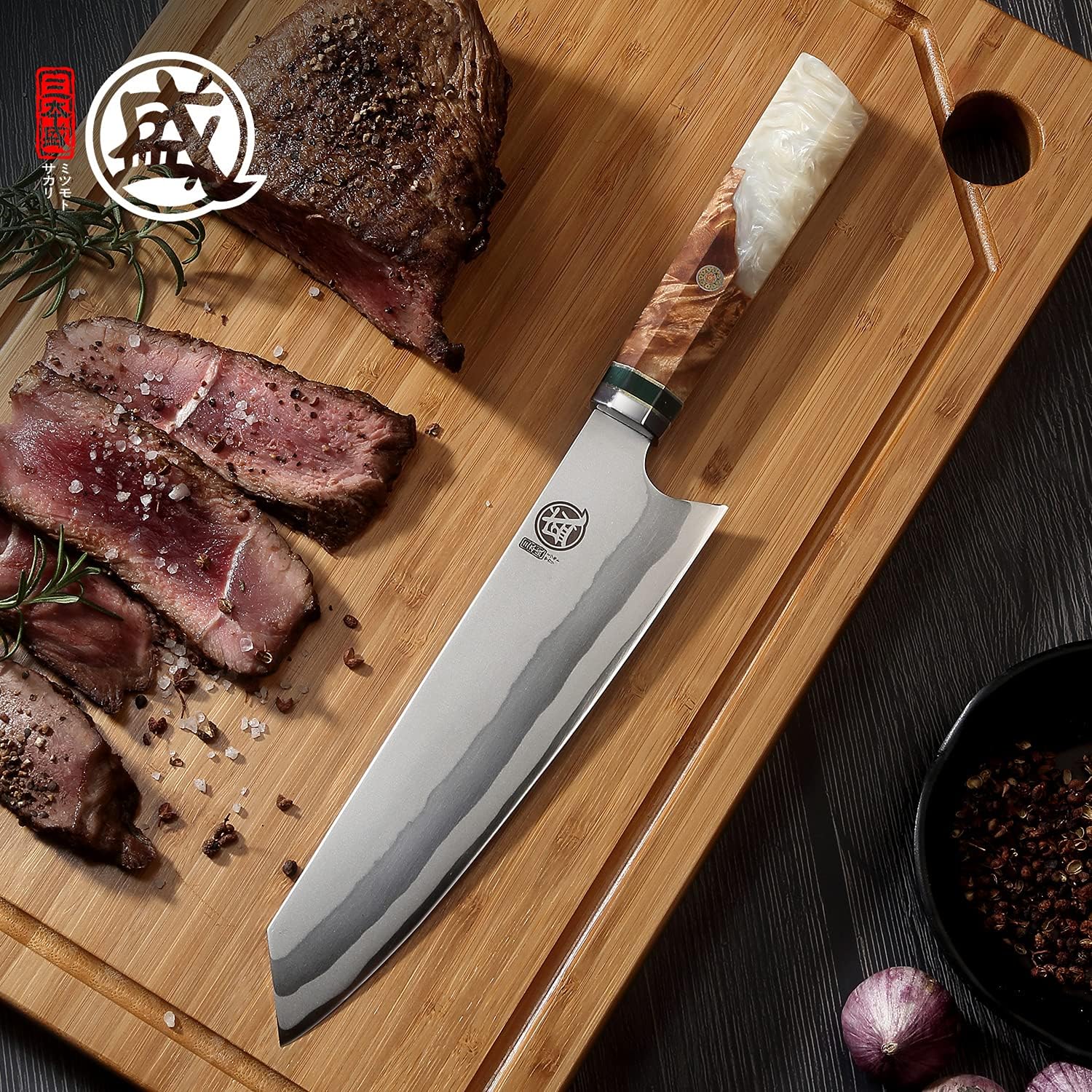MITSUMOTO SAKARI 8" 440C Damascus Chef Knife, White Handle, Japanese Knife, Wooden Box — Damascus, Damascus steel — capture 2