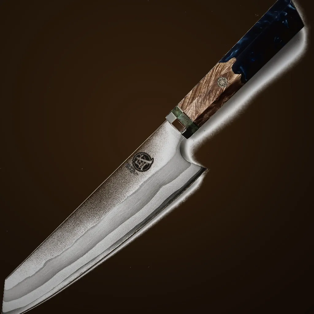 Mitsumoto Sakari 440C Blue-handle Chef Knife — Damascus, Damascus steel