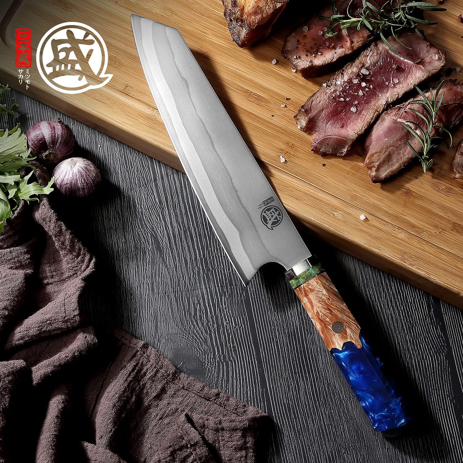 MITSUMOTO SAKARI 8" 440C Damascus Chef Knife, Blue Handle, Japanese Knife, Wooden Box — Damascus, Damascus steel — capture 2