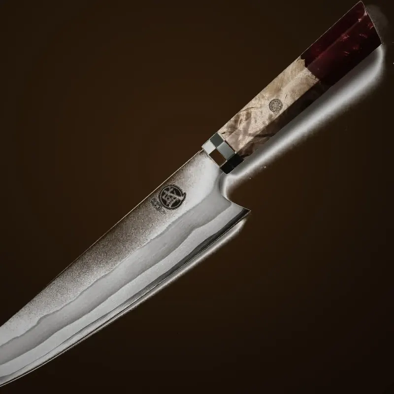 Mitsumoto Sakari 440C Red-handle Chef Knife — Damascus, 440C steel Mitsumoto Sakari 440C Red-handle Chef Knife — Damascus, 440C steel