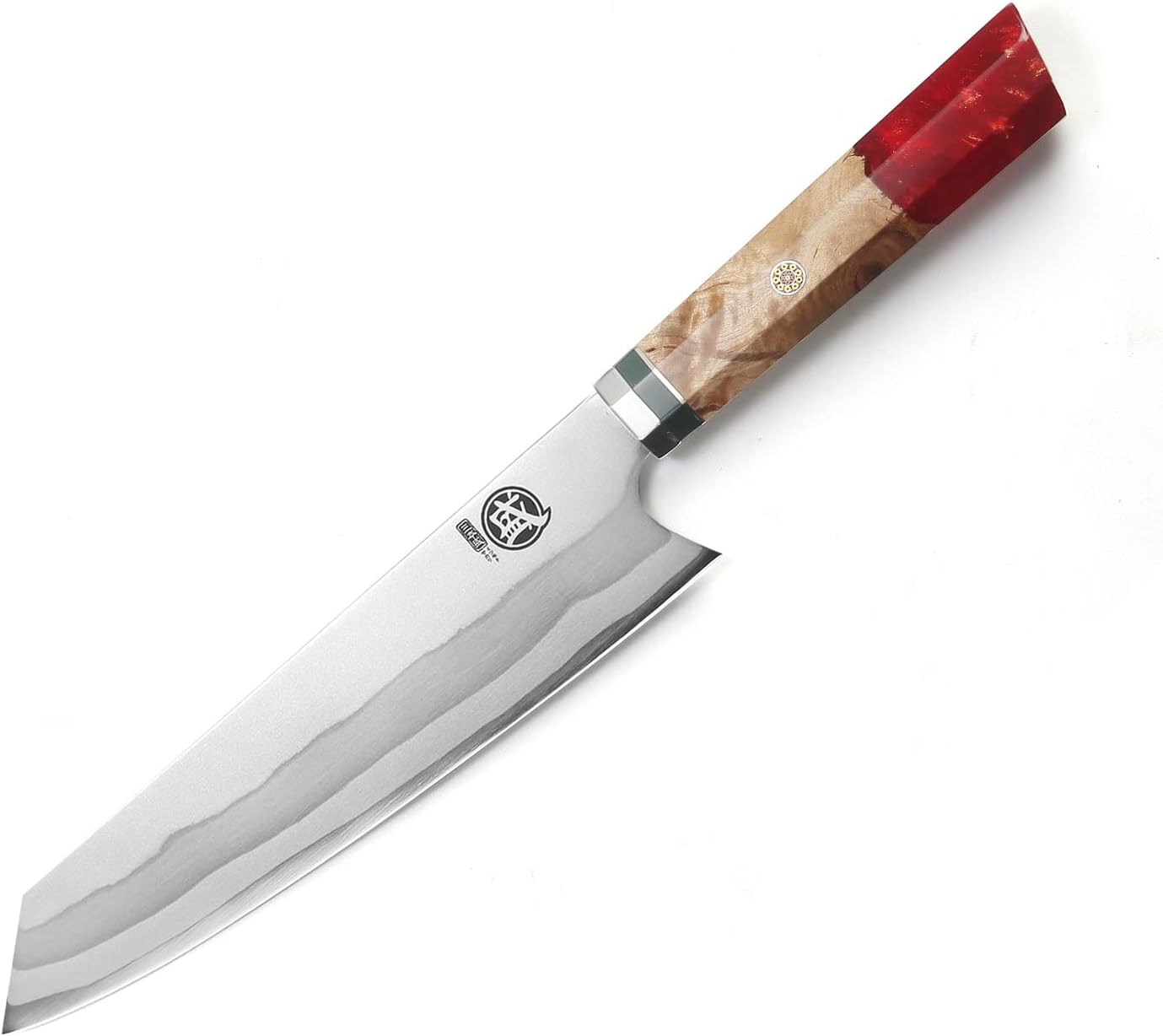 MITSUMOTO SAKARI 8" 440C Damascus Chef Knife, Red Handle, Japanese Knife, Wooden Box — Damascus, Damascus steel