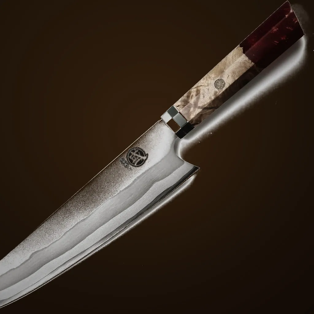 Mitsumoto Sakari 440C Red-handle Chef Knife — Damascus, Damascus steel