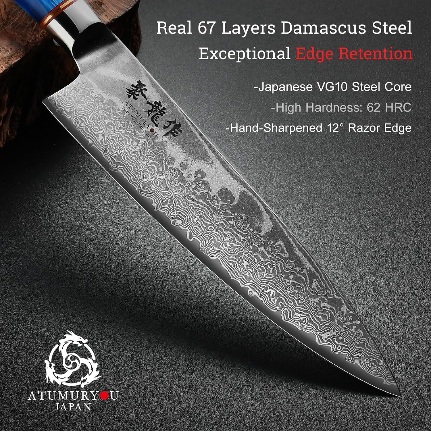Japanese Chef Knife, 8 Inch Damascus Kitchen Knife with VG10 Steel, Handcrafted Sharp Knife with Ergonomic Handle, Cooking Knives for Home Chefs, Cooking Gifts for Men and Women — Damascus, Damascus steel — capture 3