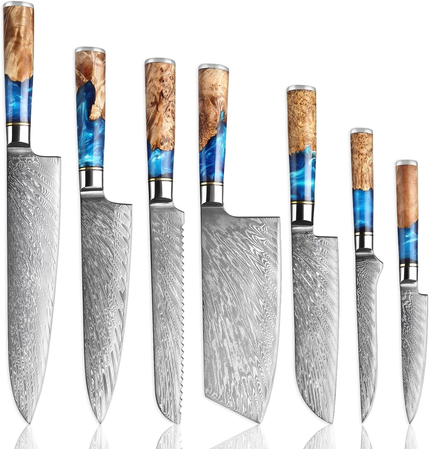 SENKEN 7-Piece Damascus Kitchen Knife Set - Tsunami Collection - 67-Layer Japanese VG10 Steel - Chef's Knife, Cleaver, Santoku, Bread, Boning, & More — Damascus, Damascus steel