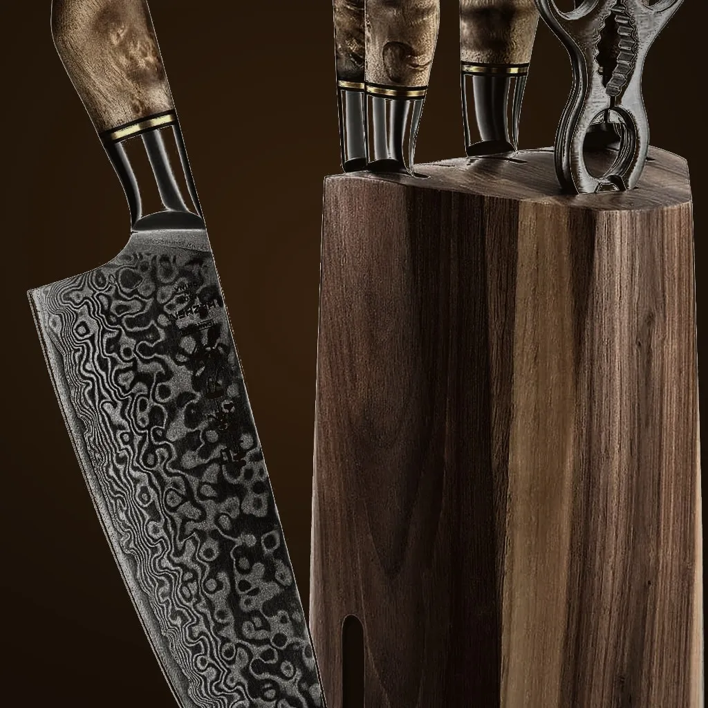 Hezhen 7-piece 3Cr14 Knife Block Set — Damascus, Damascus steel
