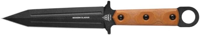 TOPS Knives Modern Gladius Full Tang Fixed Blade- Black Traction Coating Blade Finish- Black Kydex Sheath w/Dangler (Tan Canvas Micarta Handle) — Fixed Blade, Micarta handle