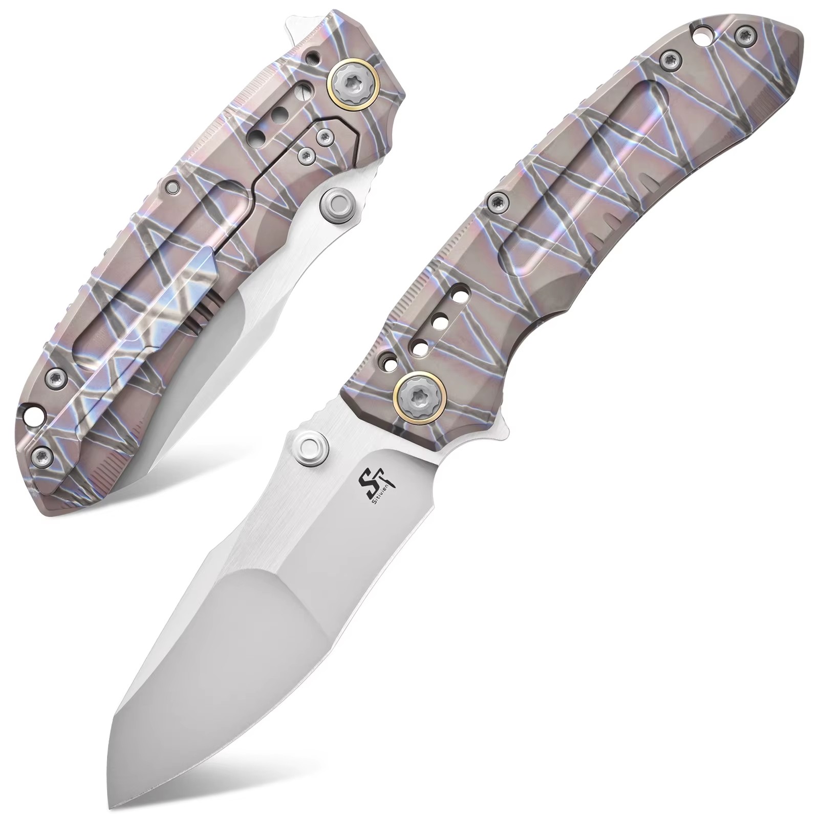 Sitivien ST991 Folding Knife M390 Steel Blade Burnt Titanium Pattern Handle EDC Tool Knifes for Working Camping Collection — Titanium EDC, Titanium handle