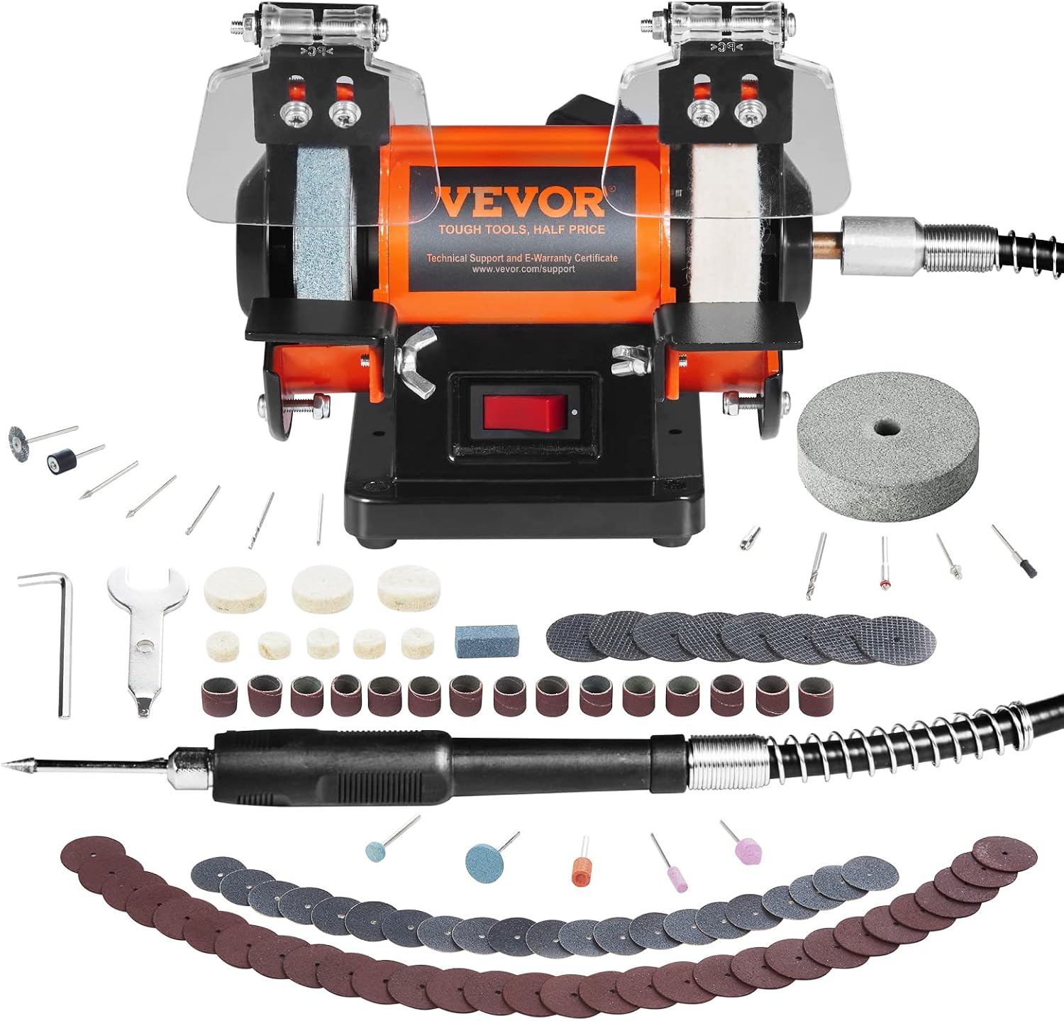 VEVOR Jewelry Polisher, Bench Grinder Polishing & Buffing Machine, 3590RPM Bench Lathe Polisher with 1 Wool Wheel & 1 Abrasive Fiber Wheel & 1 Grinding Wheel & 100pcs Tools — Knife Making, Bench polisher